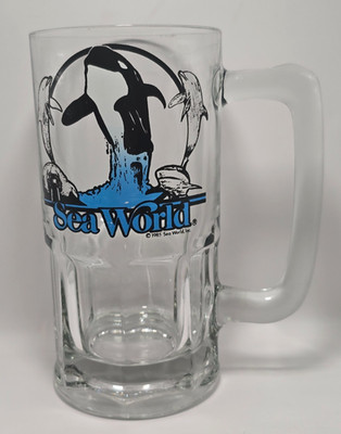 Vintage Large Heavy Glass Mug 1985 Seaworld Orca Dolphin 8'' Tall