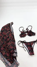 Cider Bikini Set Womens Medium Black Red Floral 3 Piece Mesh Sarong Cover Up