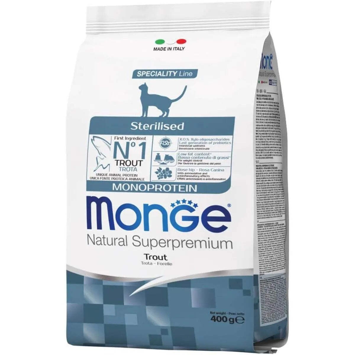 MONGE NATURAL SUPERPREMIUM GATTO STERIZZATO CON TROTA 400 GR.