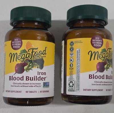 2pk MegaFood Blood Builder 60 Tabs - Energy, Iron, Vitamins C, B12, EXP 03/28
