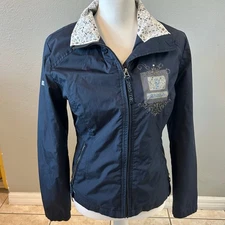 Esperado Women’s Small Navy Equestrian Zip Jacket Embroidered Lined Collar