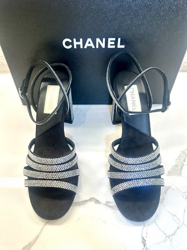 CHANEL sandals black silver rhinestone ankle strap suede open toe EU 36.5 NEW - Picture 2 of 8