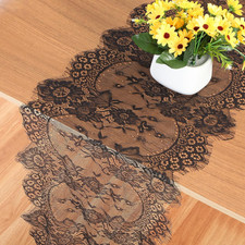 Black Lace Table Runner, 14x118 Inch Vintage Lace Table Cloth, Embroidered Boho