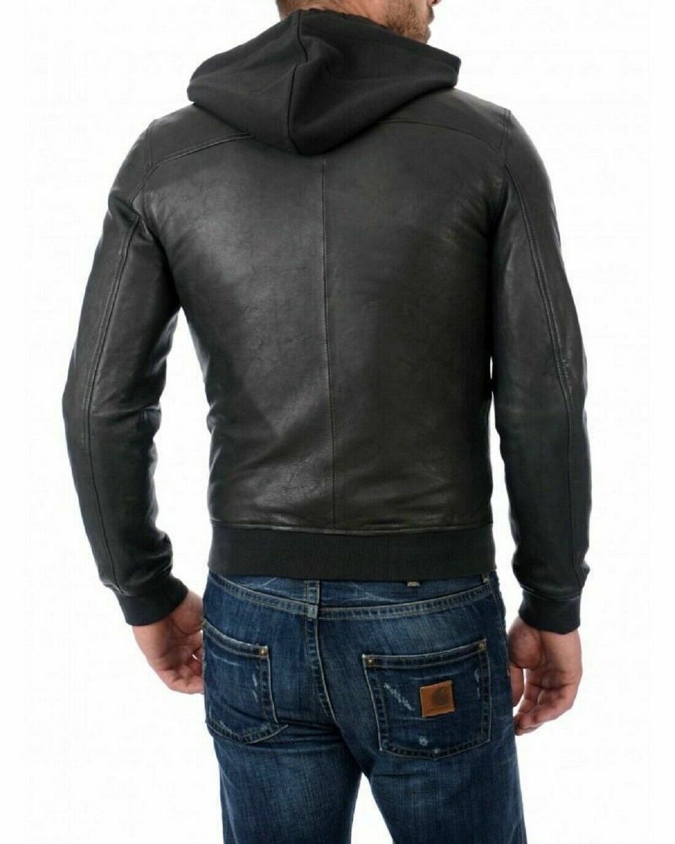 Zayn Men's Hooded Leather Jacket Black Biker 100% Lambskin Zayn Men's Hooded Leather Jacket Black Biker 100% Lambskin