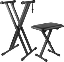 Adjustable Double X Keyboard Stand  Piano Bench Set - 7 Heights, Black
