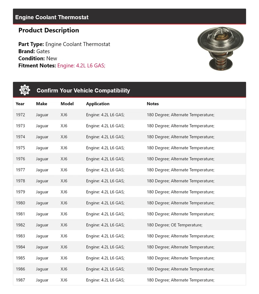 For 1972-1987 Jaguar XJ6 4.2L L6 GAS Engine Coolant Thermostat Gates 1973 1974 - Image 2 of 4