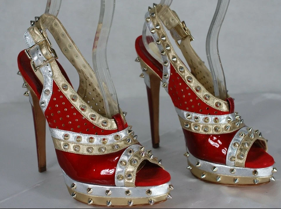 37/6.5❤️$985 SANDALIAS DE PLATAFORMA DE TACÓN ALTO METÁLICAS HECHAS EN ITALIA Foto 3 de 4