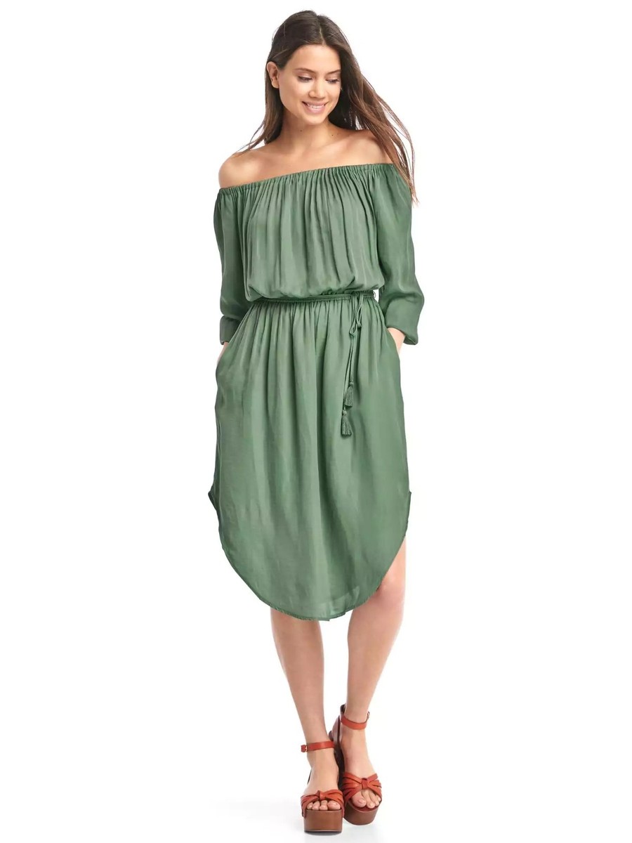 gap off shoulder dress NWT Gap Off-shoulder tassel dress, GREEN SIZE LP L P #638278 N0906