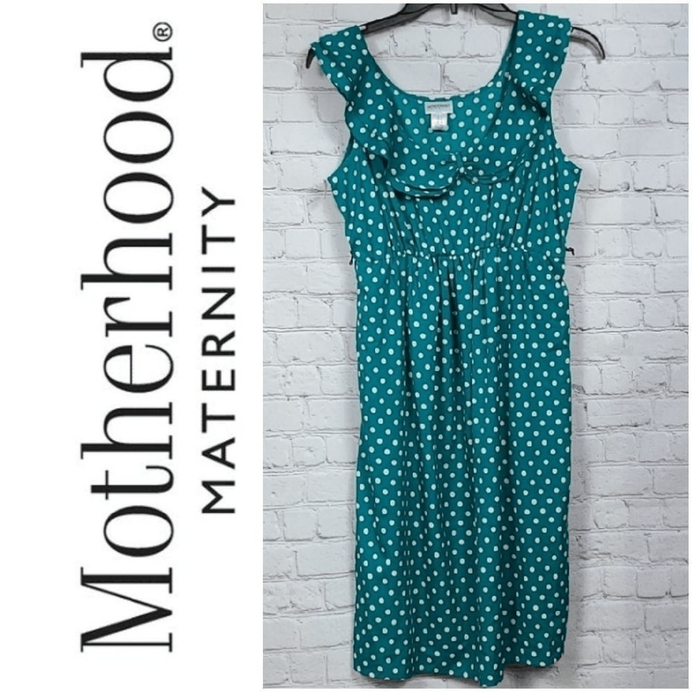 Motherhood Maternity Green Polka Dot Ruffle Dress Crepe Chiffon Sleeveless