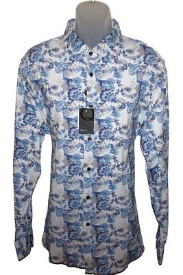 QUIETI Mens Long Sleeve Shirt XXL 8-Way Nova Stretch Blue Floral Pattern NWT