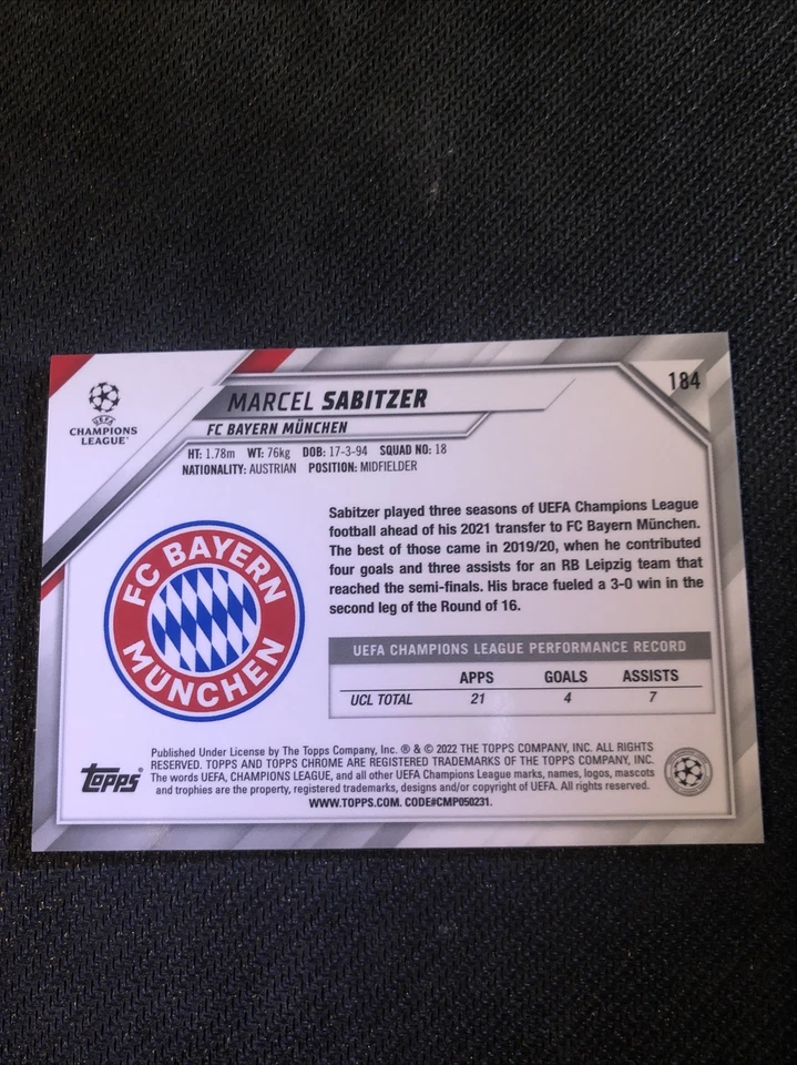2021-22 Topps Chrome UEFA UCL #184 Marcel Sabitzer Speckle Refractor SP | Bayern - Image 2 of 2