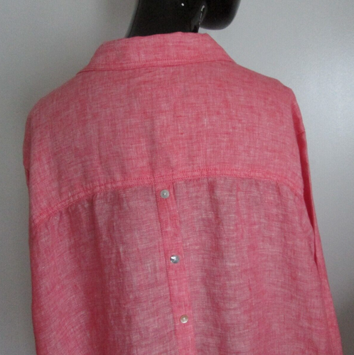 NWT TAHARI Siz 2X 100% Linen Orange Coral Roll Button Tab Sleeve Tunic Big Shirt - Picture 8 of 9