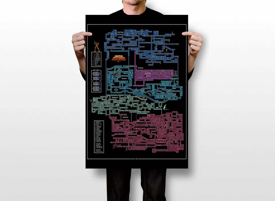 Super Metroid Mapa Super Consola Samus Aran Arte de Pared Hogar - PÓSTER 20x30 Foto 2 de 4