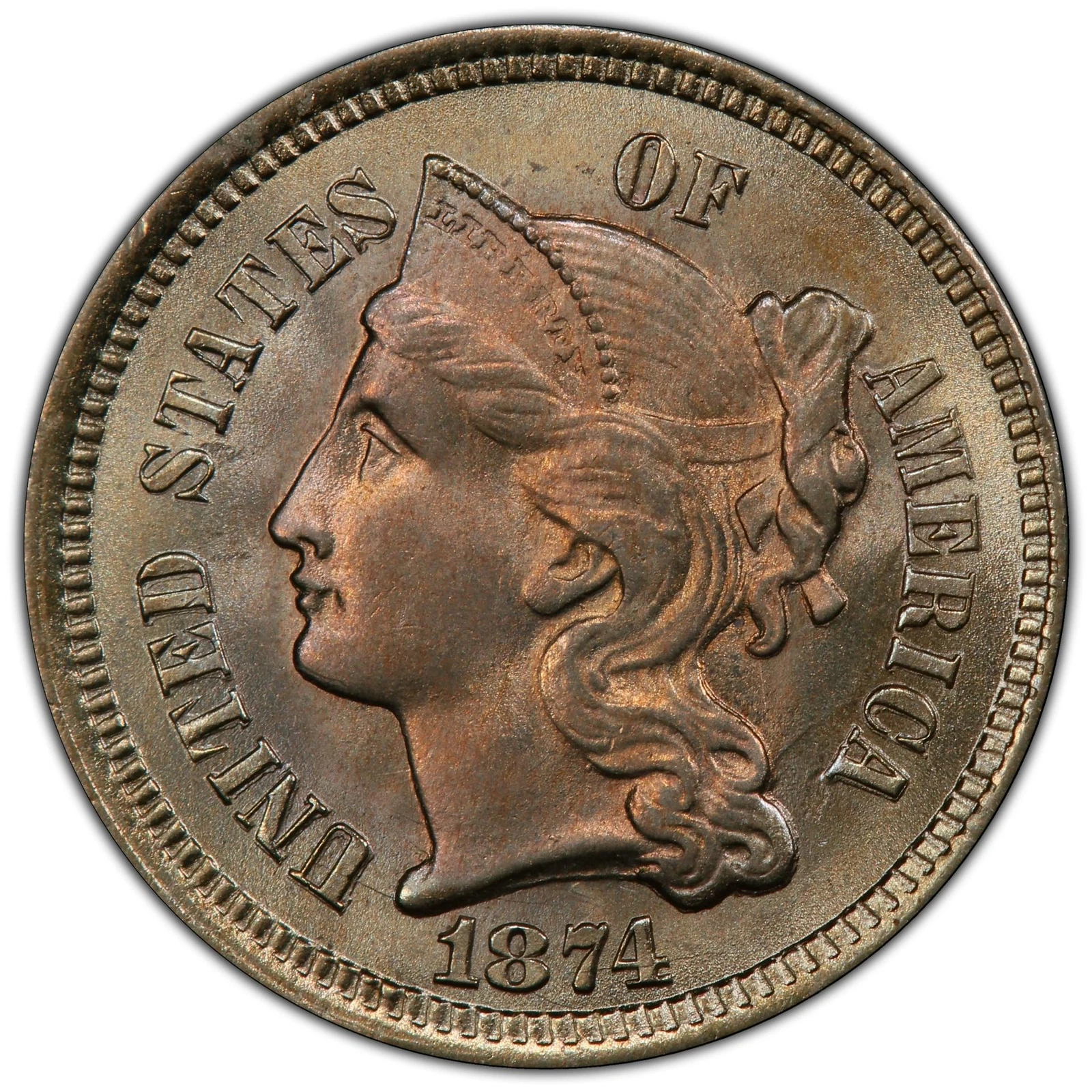 1874 3CN Three Cent Nickel PCGS MS66+ (CAC) Top Pop, Only 1 Graded Better