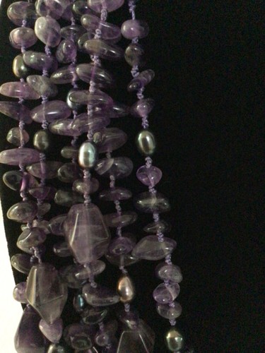 Multi Strand Amethyst Bead & Pearl Necklace 6 Strands Purple Gemstone Nuggets - Picture 5 of 6