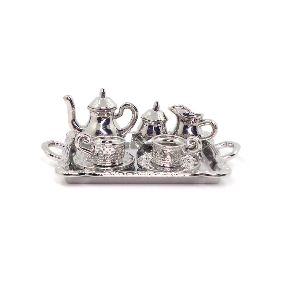 Dollhouse 1:12 Scale Pocket Miniature Silver Metal Tea Set Coffee Set Decoration - Image 2 of 4
