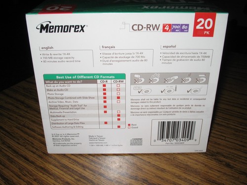 Memorex CD-RW CD 20er Pack Slim Jewel Cases 700 MB 80 Minuten 4x Speed Full Box - Bild 3 von 3