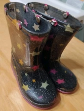 Capelli New York Girls Rainboots Size 6 Black With Colorful Stars and Sparkle