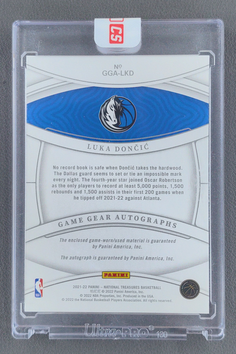 2021-22 Panini National Treasures Luka Doncic Game Gear Auto Patch Platinum 1/1 view 2