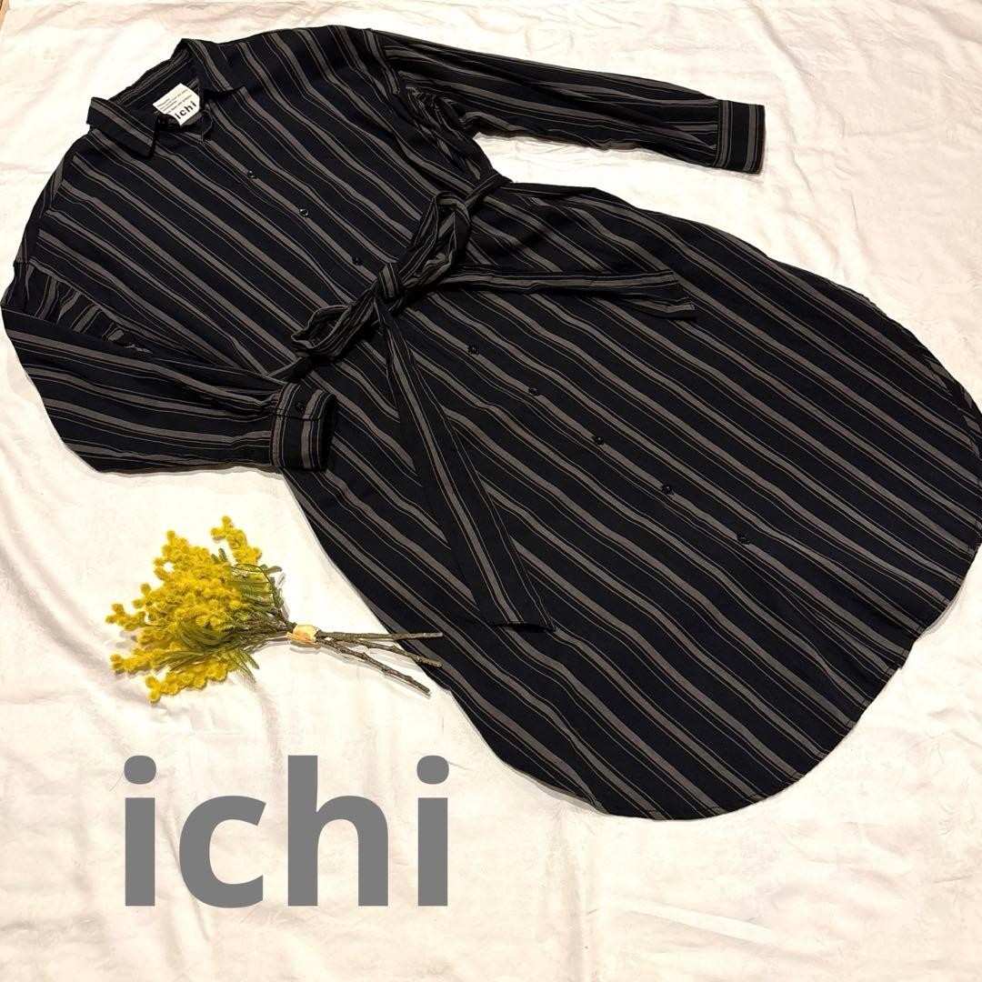 Ichi Striped Shirt Dress Long Sleeve 2 Way Design Free Size Black 111cm