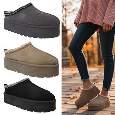 LADIES SLIPPERS WOMENS AZTEC PLATFORM WARM SLIP ON WINTER FAUX FUR MULES SIZES