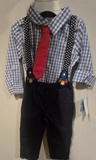 Little Lad Boys 3 Piece Pants Set, Check Shirt, Red Tie, Suspenders, Size 12M