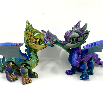 3D Printed Pair of Dragons - Iridescent Green Blue Purple Flexible Dragon Toys