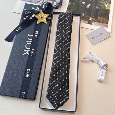 Dior Men's Black Silk Satin Tie Geometric Logo Pattern Metal Tag Designer