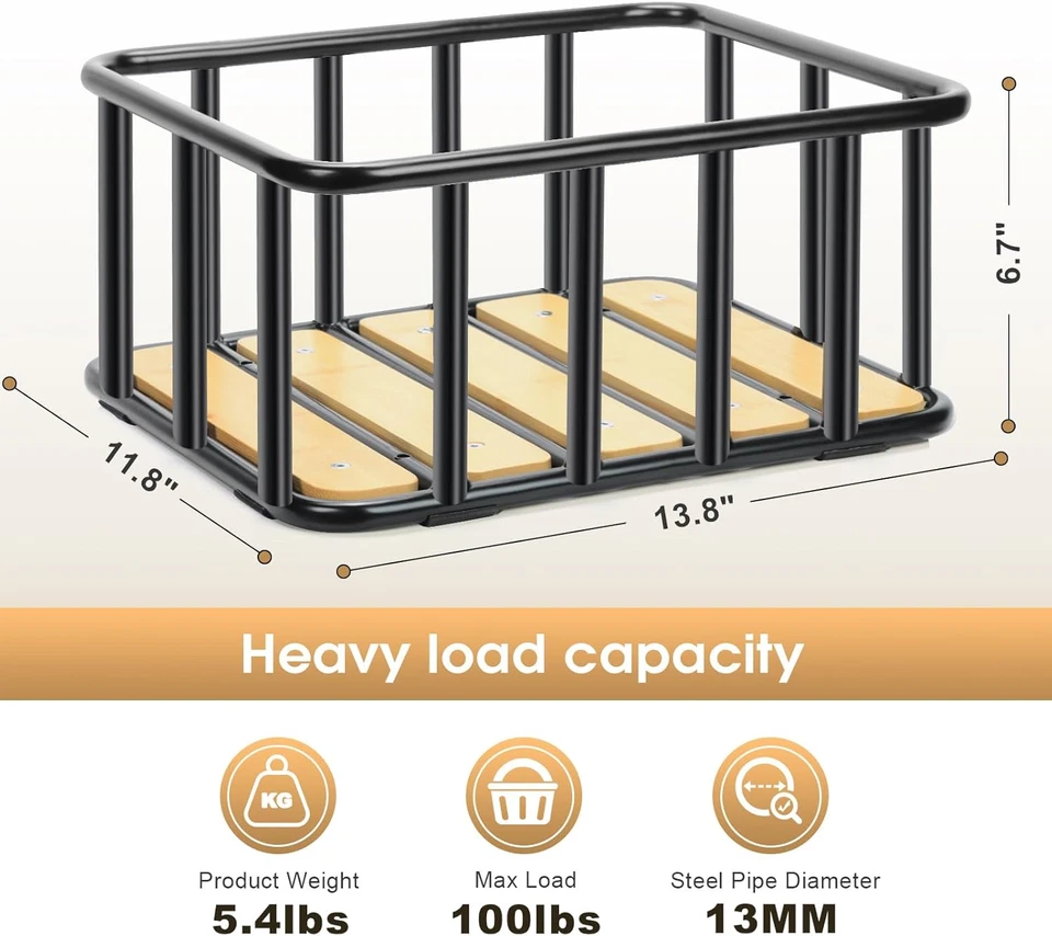 Cesta Trasera Bicicleta con Cubierta Impermeable, Red de Carga y Base de Madera, Meta Resistente Foto 2 de 4