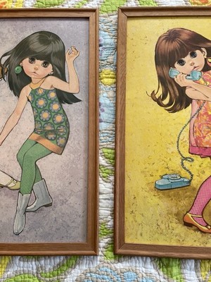 Pair Of Retro MOD 1960s LARGE Litho Prints Lee Big Eye Girls Excellent Cond.