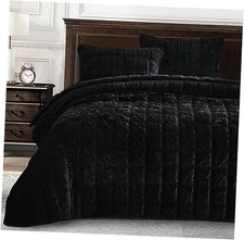 Piers Black Velvet Quilt Set, 3-Piece Lush Plush King Black, Double Box Stitch