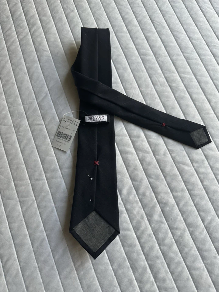 Brunello Cucinelli  Navy & Dark Brown Stripe Wool Neck Tie Modern Fit NWT - Image 2 of 4