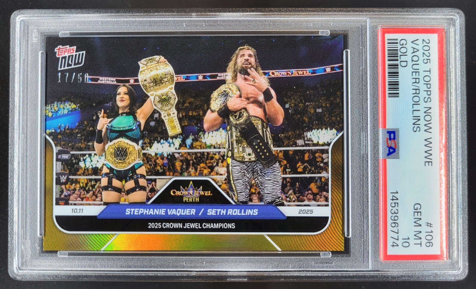 2025 Topps Now WWE Stephanie Vaquer Seth Rollins GOLD /50 #106 PSA 10 MS14