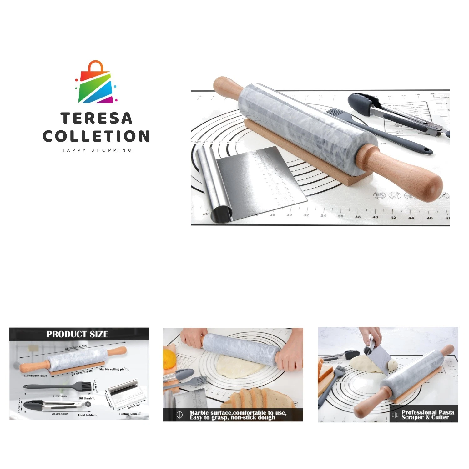 Marble Rolling Pin Set with Silicone Pastry Mat,Pastry Brush,Cooking Tongs,St...