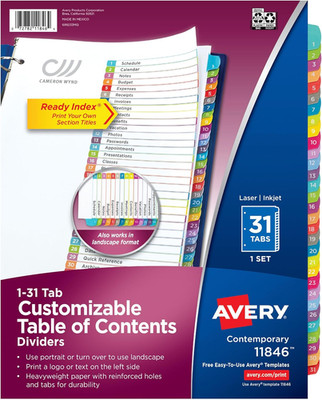 Avery 1-31 Dividers for 3 Ring Binders, 31 Tabs per Set, Customizable Table of C