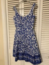 Nine West Blue White Floral Fit & Flare Dress 2 Scoop Neck Sleeveless Lined