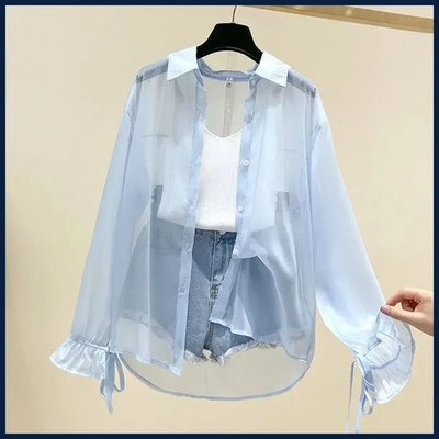 Smvp Chiffon Blouses for Women Summer Thin Loose Button-Up Sunscreen Shirt Woman