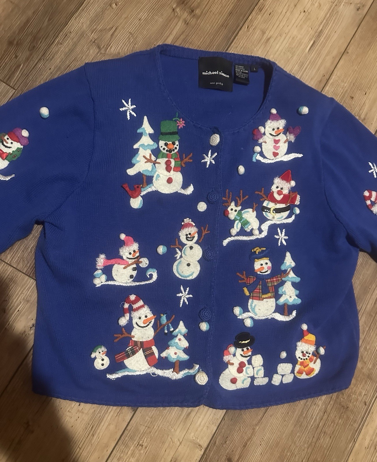 RARE! MICHAEL SIMON VTG 2000 Christmas Snowman Snowflake Blue Sweater Sz Large