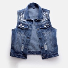Gilet En Jean À Manches Sans Manches En Perles Pour Femmes