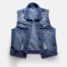 Women Beaded Denim Vest Sleeveless Jacket Blouse Tank Top Button Waistcoat