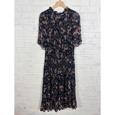 Veronica Beard Gabi Smocked Midi Dress Womens 10 Black Floral Ruffle Romantic