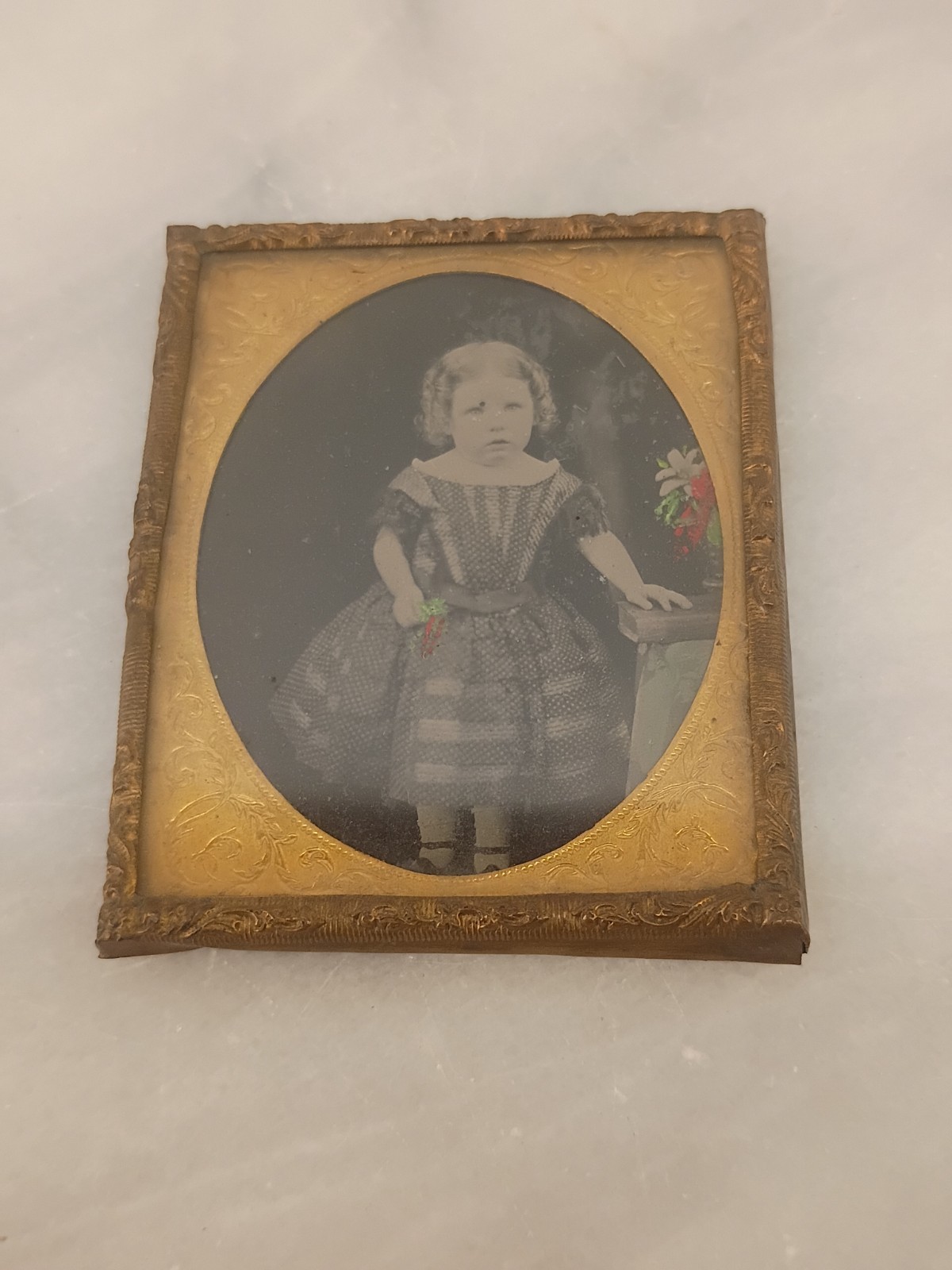 1/9 Plate Daguerreotype? Tinted Young Girl With Bright Flowers In Copper Frame