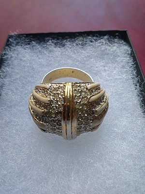 Riesiger goldfarbener (GP?) Cocktailring cremefarben Emaille und Strass unsigniert - LESEN