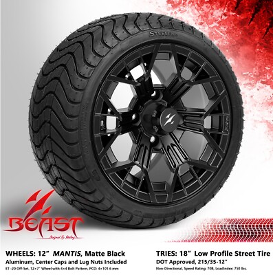 4x GOLF CART 12'' MATTE BLACK MANTIS WHEELS and 215/35-12 DOT LOW PROFILE TIRES