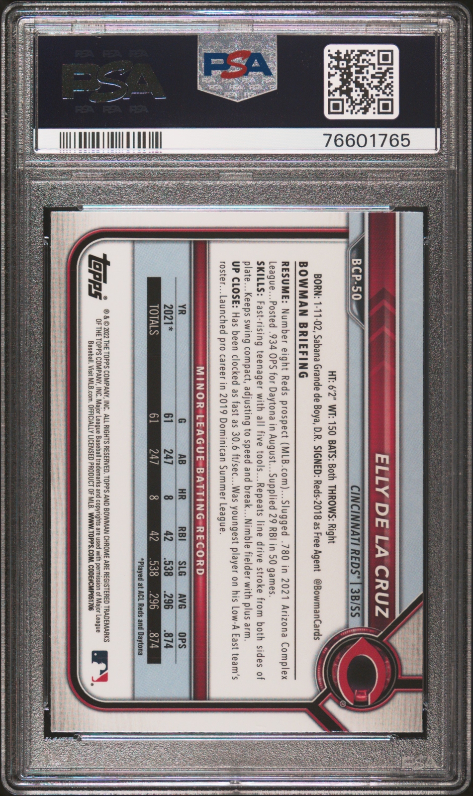 PSA 10 ELLY DE LA CRUZ 1st 2022 Bowman Chrome Prospects Rookie Card RC GEM MINT view 2