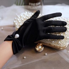 Women Retro Faux Pearl Silky Gloves Beaded Wedding Elegant Evening Cocktail Prom