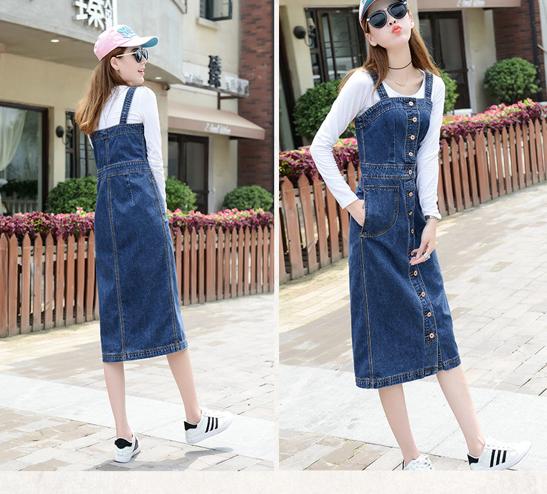 Womens Long Denim Dungaree Overall Dress Jean Pinafore Suspender Skirts  S-5XL