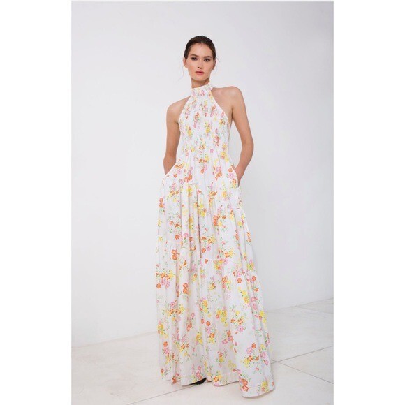 S/W/F Shirred Floral Print Halter Sleeveless Tiered Garden Party Maxi Dress  SWF