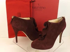 NIB VALENTINO BURGUNDY SUEDE RUFFLED BACK ZIP HIGH HEEL ANKLE BOOTS 39 $945