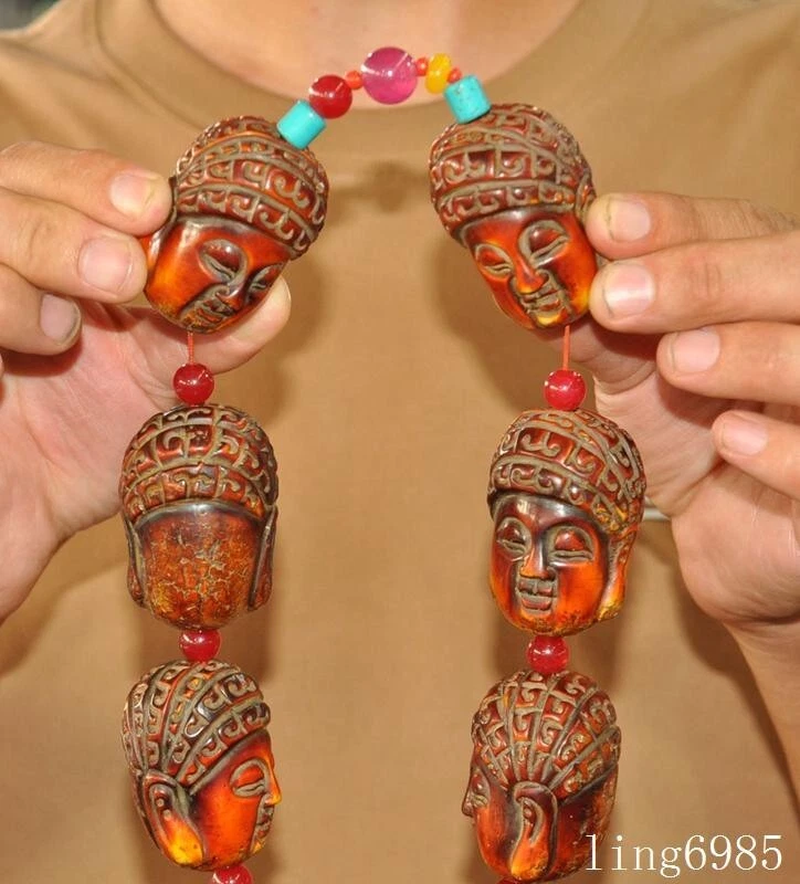 Budismo Tibetano Antiguo ámbar tallado Shakyamuni cabeza estatua amuleto periapt collar Foto 2 de 4